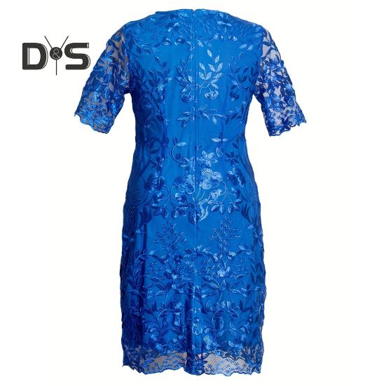 Women Dress Flower Embroidery Double Layers Short Sleeve Round Neck Mid Calf Length Lace Plus Size Elegant Lady Midi Prom Party Dress
