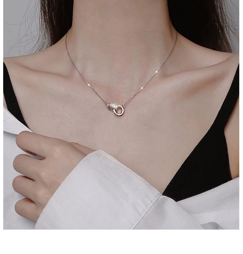 999 Sterling Silver Double Ring Interlocking Necklace - Cold Style Minimalist Double Circle Clavicle Chain for Women