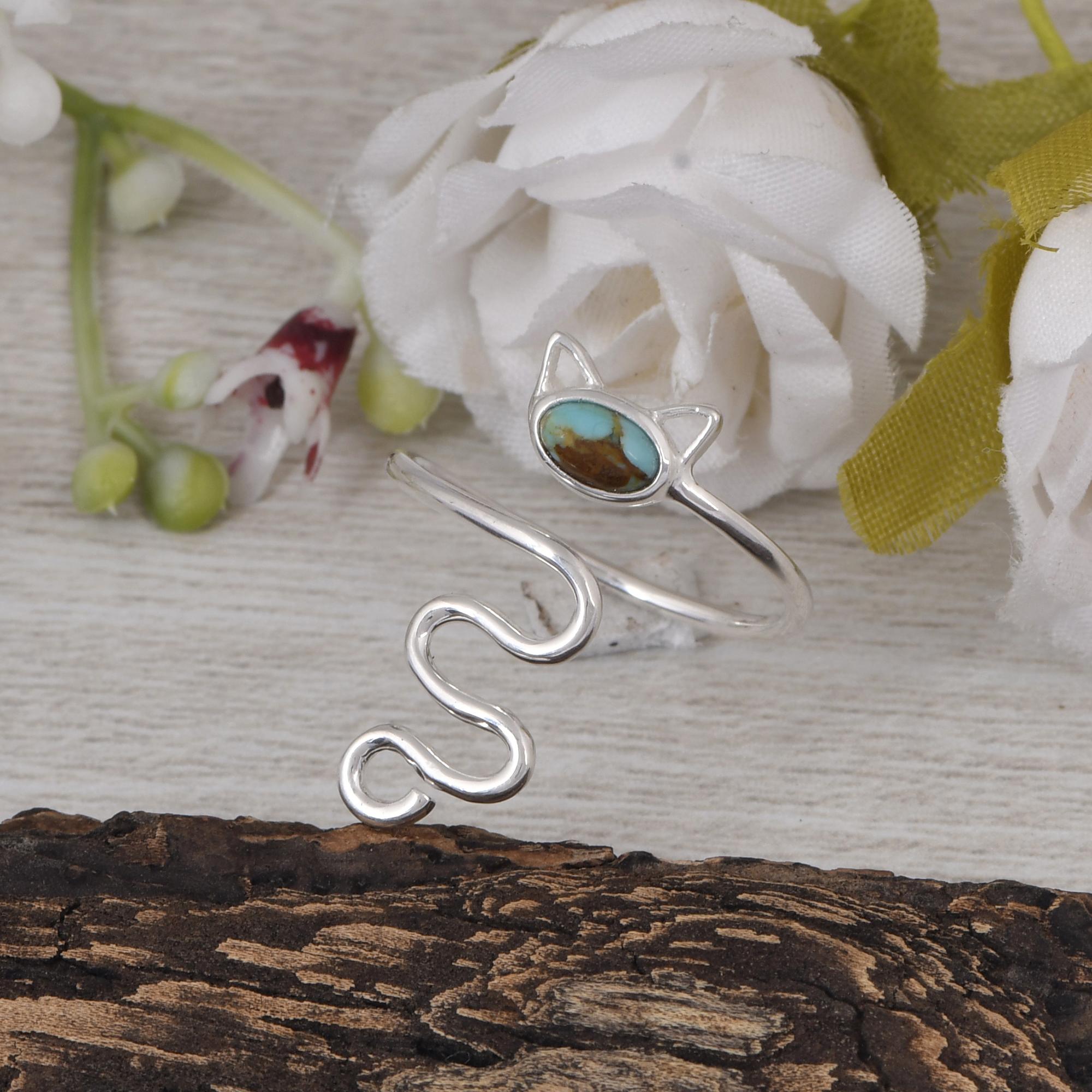 Turquoise Snake Wrap Ring | Adjustable Silver Cat Ring | Cute Animal Jewelry Gift for Women 5