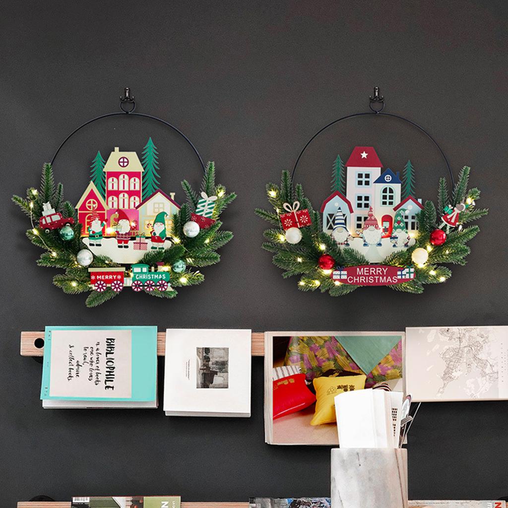 Christmas Santa Gnomes Wood Sign LED Light Up Wreath Wall Window Front Door Hanging Decoration for Festival Home Decors