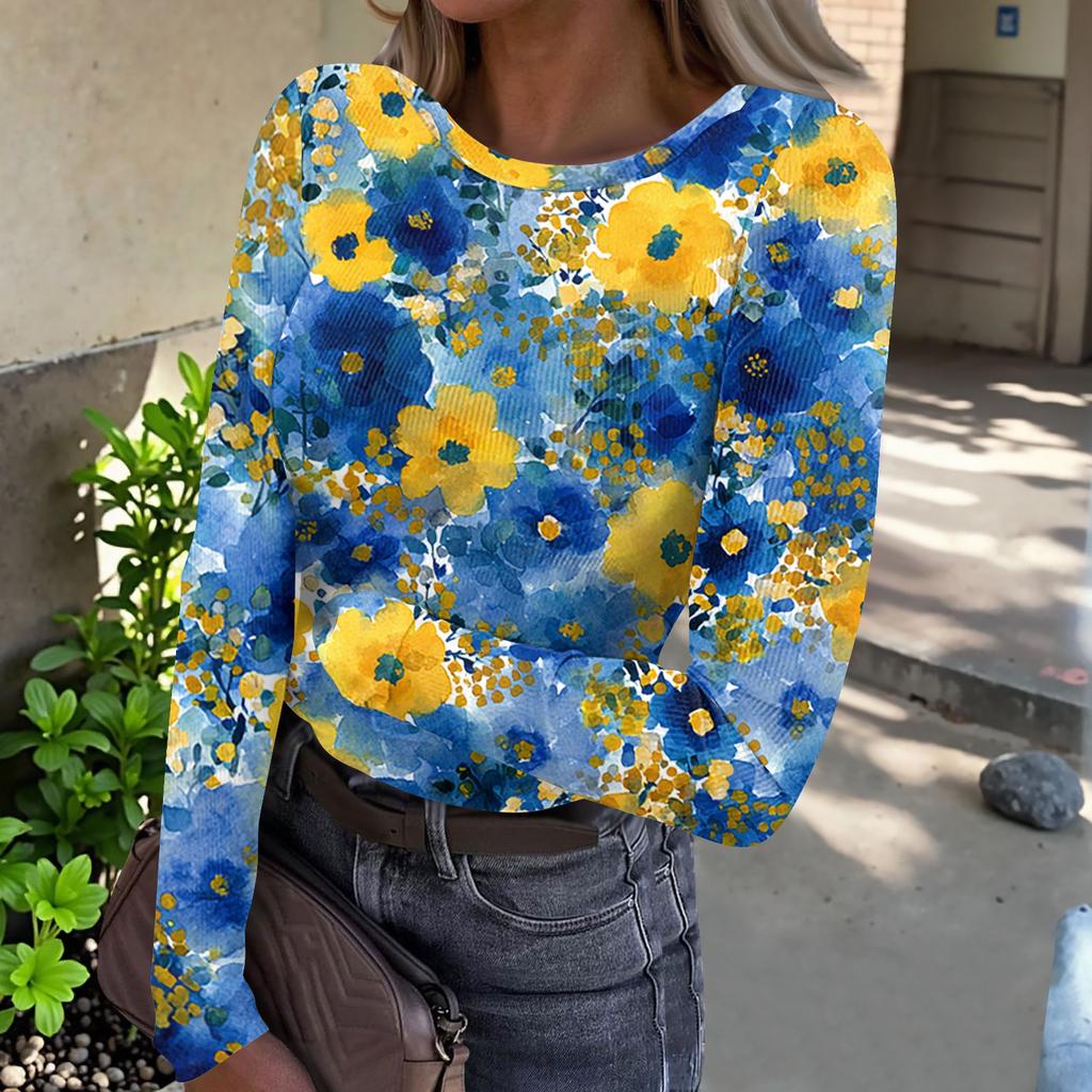 Women Casual Crew Neck Long Sleeve Ribbed Top with All Over Floral Print Lightweight Pullover Blouse for Daily Wear