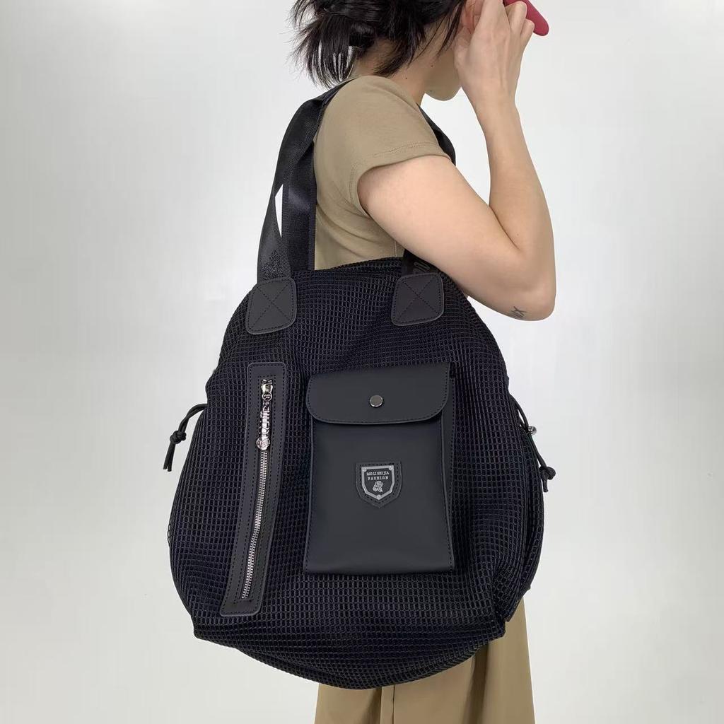 Ladies Mesh Splicing Multi-Pocket Shoulder Bag Large Capacity Retro Multi-Functional Backpack