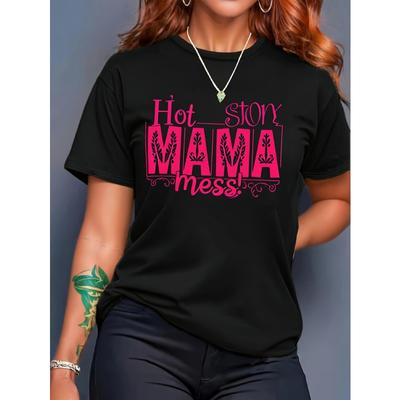 Women's & Men's Funny Hot Stuff Mama Mess Graphic T-Shirt - Soft Vintage Crew Neck Tee with Pink Lettering,