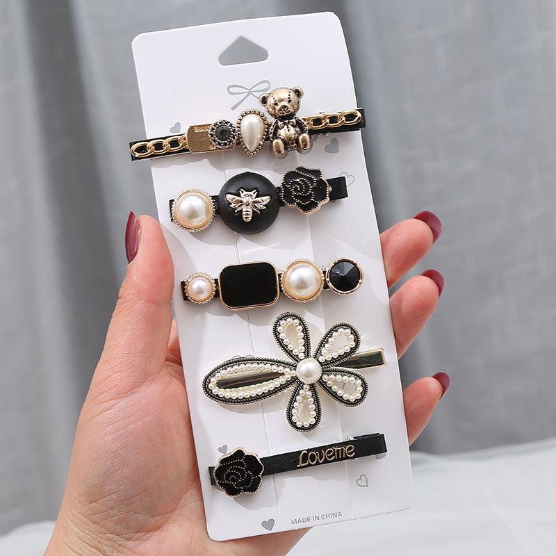 Hair Clip Set Fashionable Retro Teddy Bear Flower Hair Clip Feather Scissors Pearl Side Clip Bangs Clip Back Hair Clip