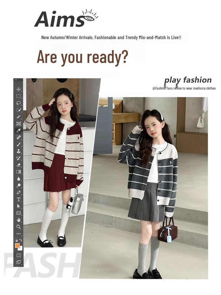 2025 Girls' Striped Knit Cardigan Sweater - Trendy Spring & Autumn Fashion for Big Children