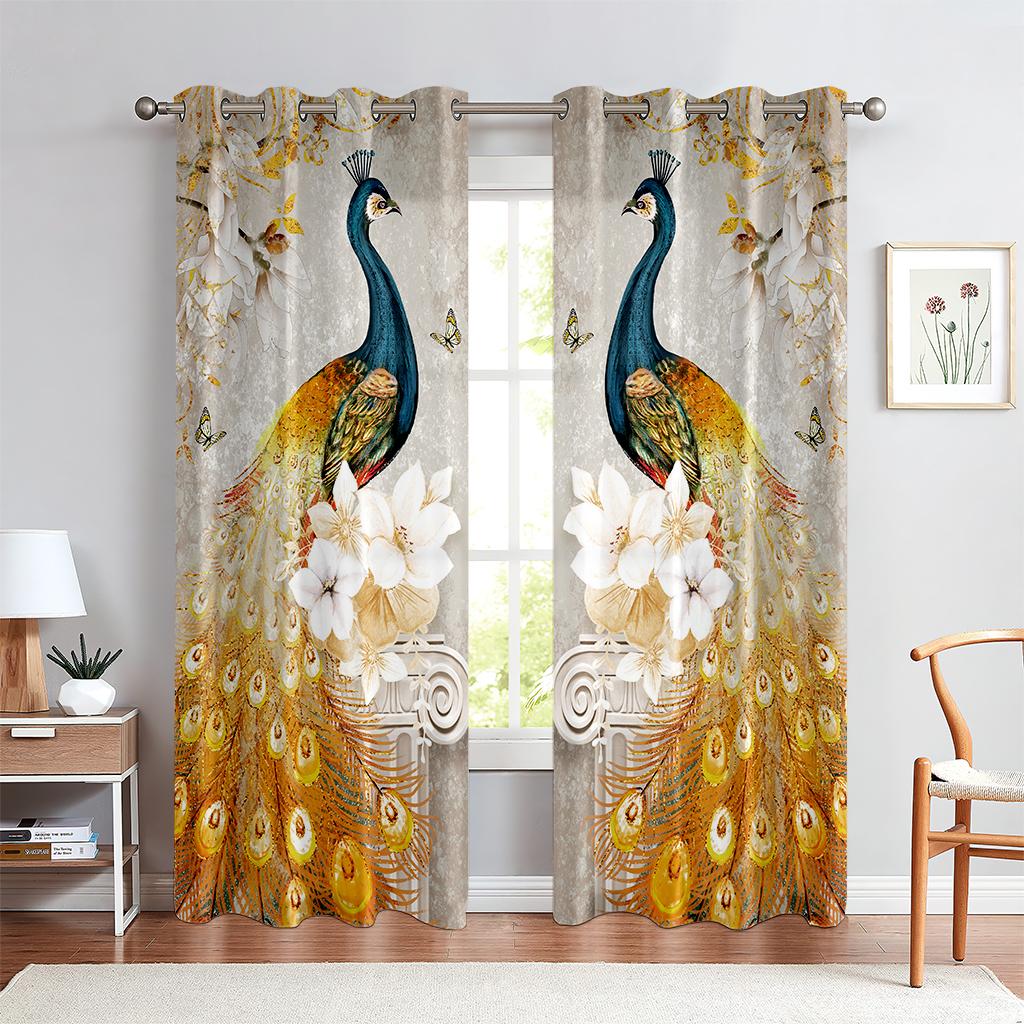 2 STÜCKE Vintage Pfau Blumenmuster Gedruckte Vorhänge, Schlafzimmer Wohnzimmer Küche Stangentasche Bequeme Dekorative Vorhänge