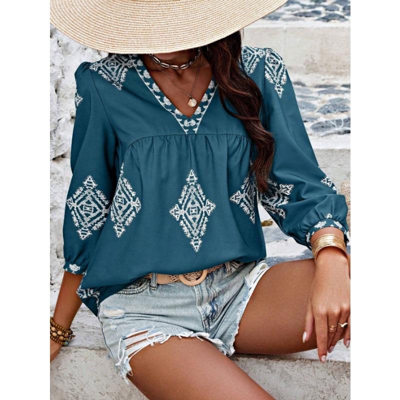 Women Oversize Printed V Neck 3 4 Sleeve Casual Summer Fashion T Shirt