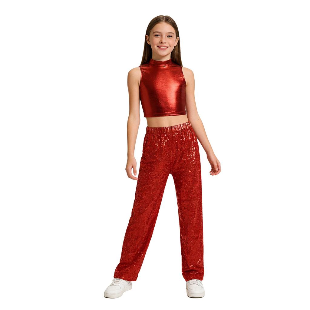 Kids Jazz Dance Costume Sleeveless Mock Neck Metallic Top and High Waist Sparkle Sequin Pants for Stage Competition