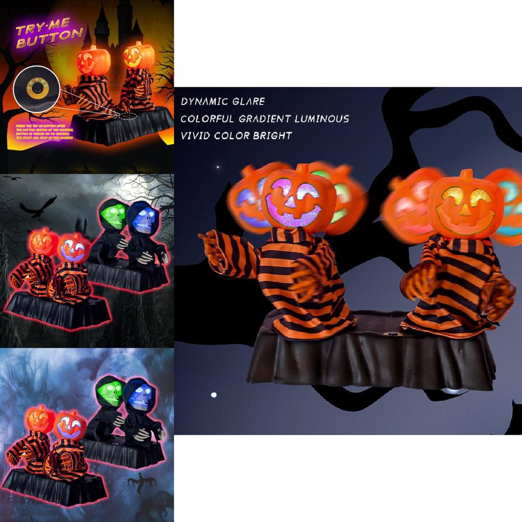 Colorful Light-up Pumpkin And Skeleton Duo Animated Sound Effects Halloween Decor
