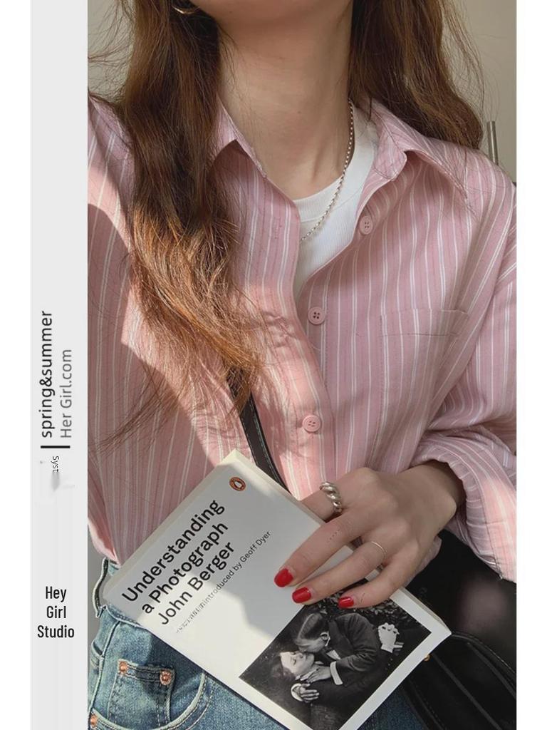 2024 French Style Blue & Pink Striped Long-Sleeve Shirt - Niche Casual Design