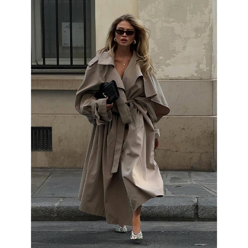 Women Casual Lace Up Long Trench Coat Chic Solid Color Full Sleeve Lapel Windbreaker New Fashion Loose Commute Jackets