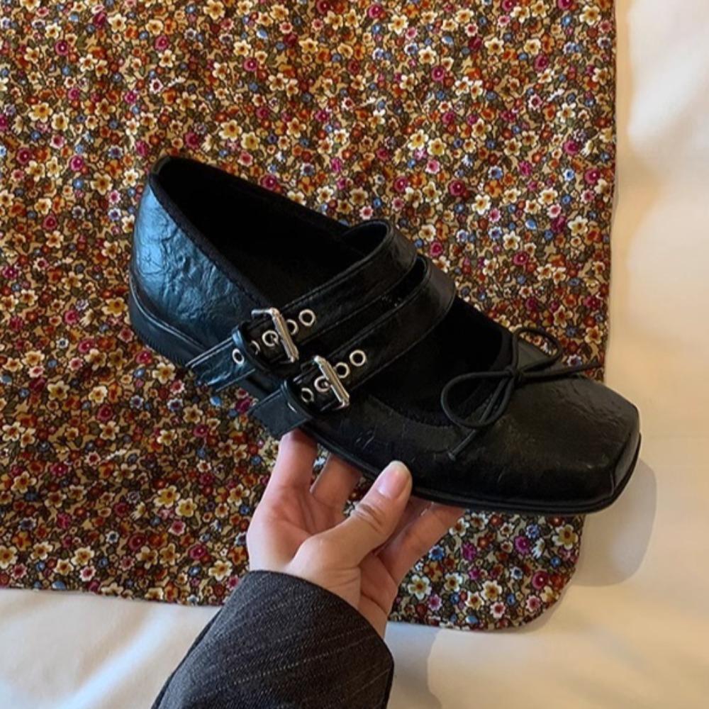 Flats for Women's Summer Bow Square Toe Straight Buckle Mary Jane Leather Shoes Womens Flat Bottom Shallow Mouth Pumps for Women