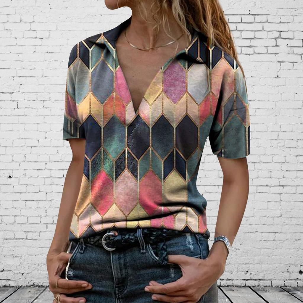Fashion Women's Summer Printed Short Sleeve Lapel Collar T-Shirt Casual Tee Tops