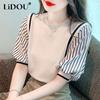 Summer Fake Two Pieces Striped Tee Women Loose Casual Half Sleeve Patchwork T-shirt Female Pullover Top