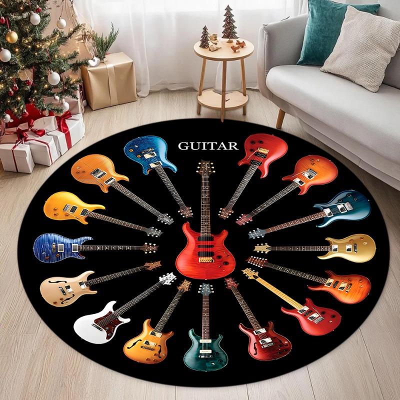 Guitar Theme Music Round Area Rug Vintage Musical Home Decor Carpet Soft Non-slip Floor Protection Mat for Living Room Bedroom