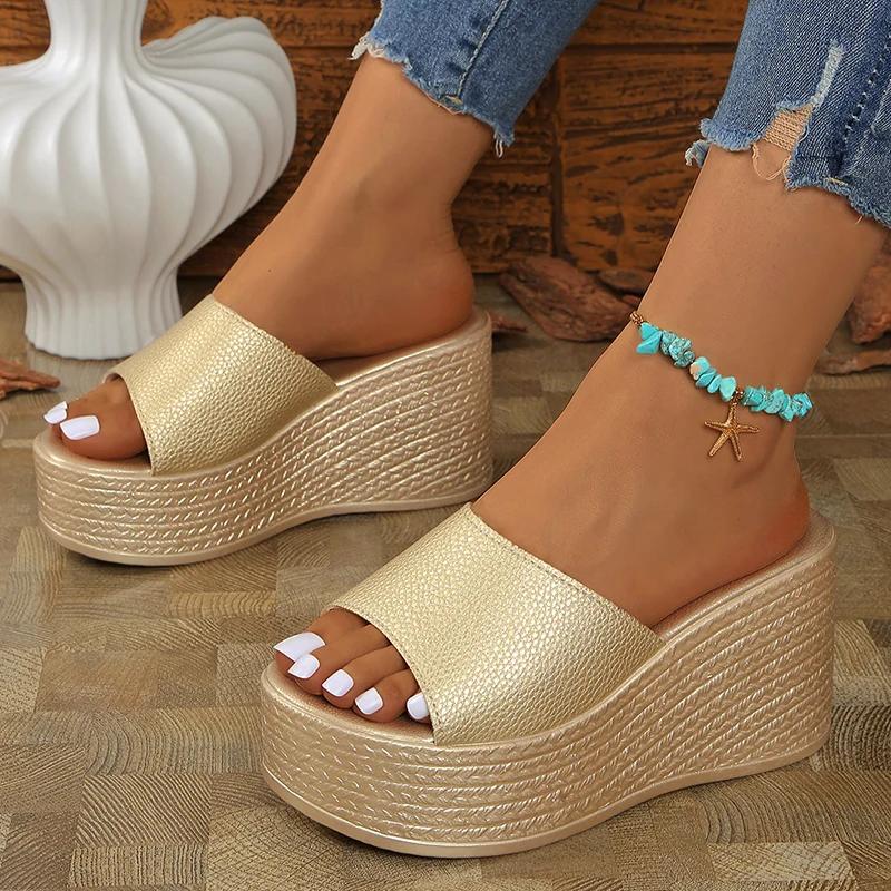 Fashion Thick Bottom Wedge Heel Slippers for Women Plus Size Fashion Chunky Platform Sandals Woman Summer 2025 Thick Sole Beach Slides