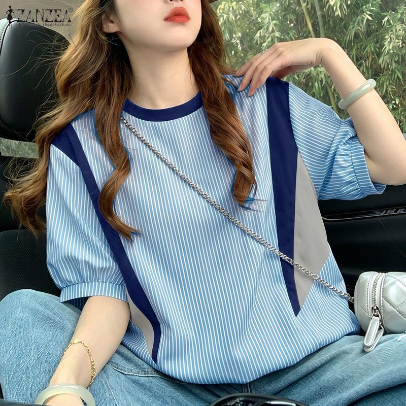 ZANZEA Women Casual Round Neck Stripe Print Loose Short Sleeve Blouse