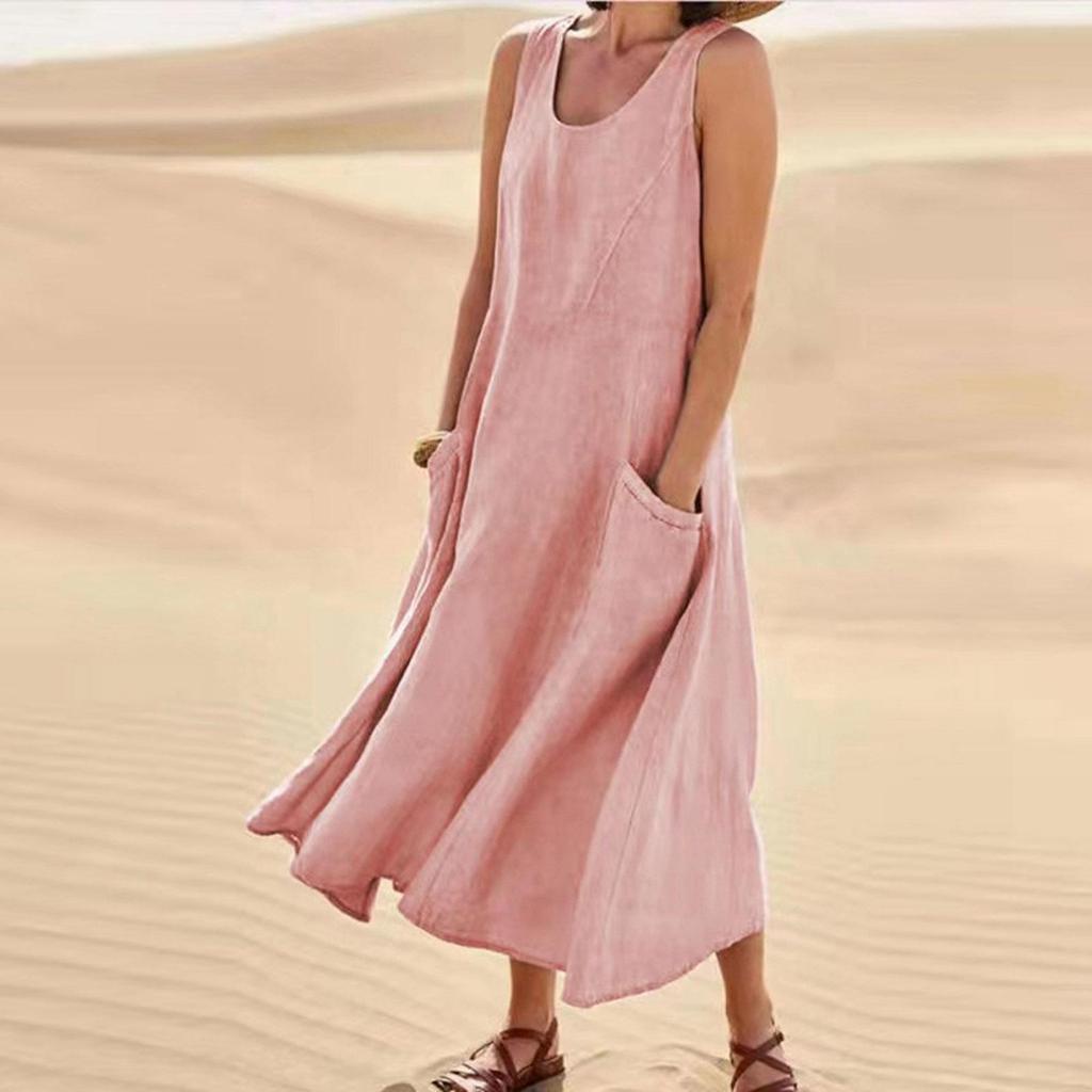 Damen Casual Sommer Übergröße Baumwoll Leinen Kleider Schlicht Locker Rundhals Tasche Ärmellos Langes Kleid