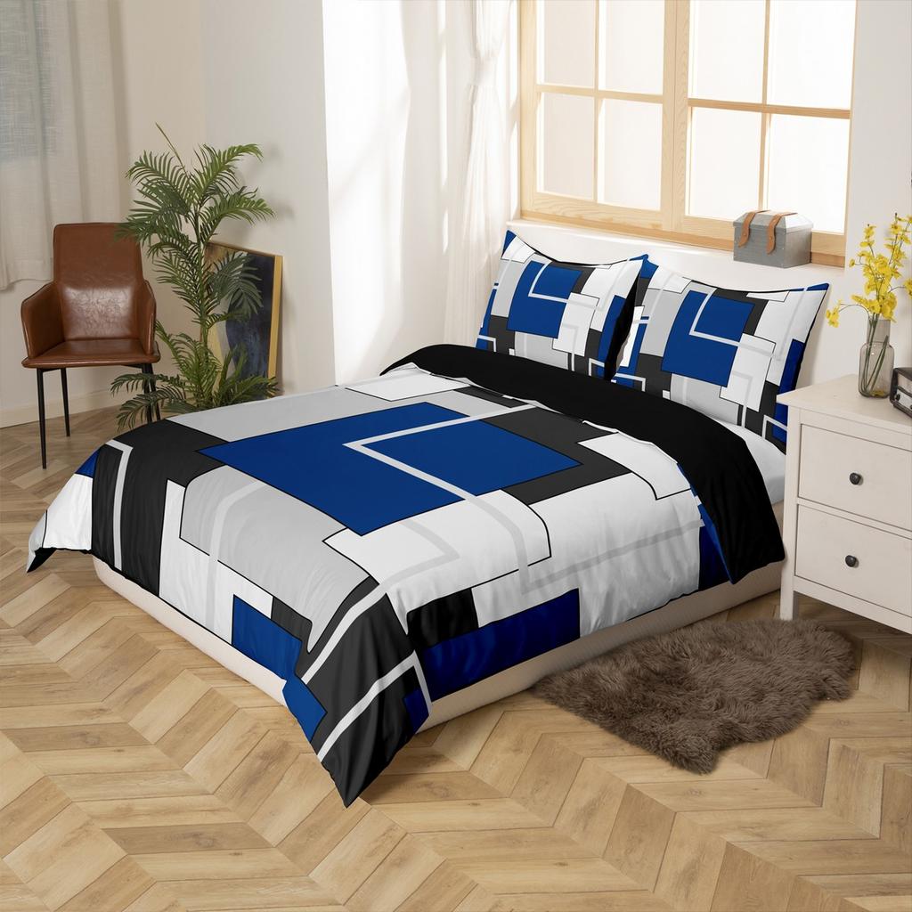 Homewish Modern Geometric Duvet Cover Set, Aesthetic Square Plaid Bedding, Abstract Minimalist Quilt Cover Set