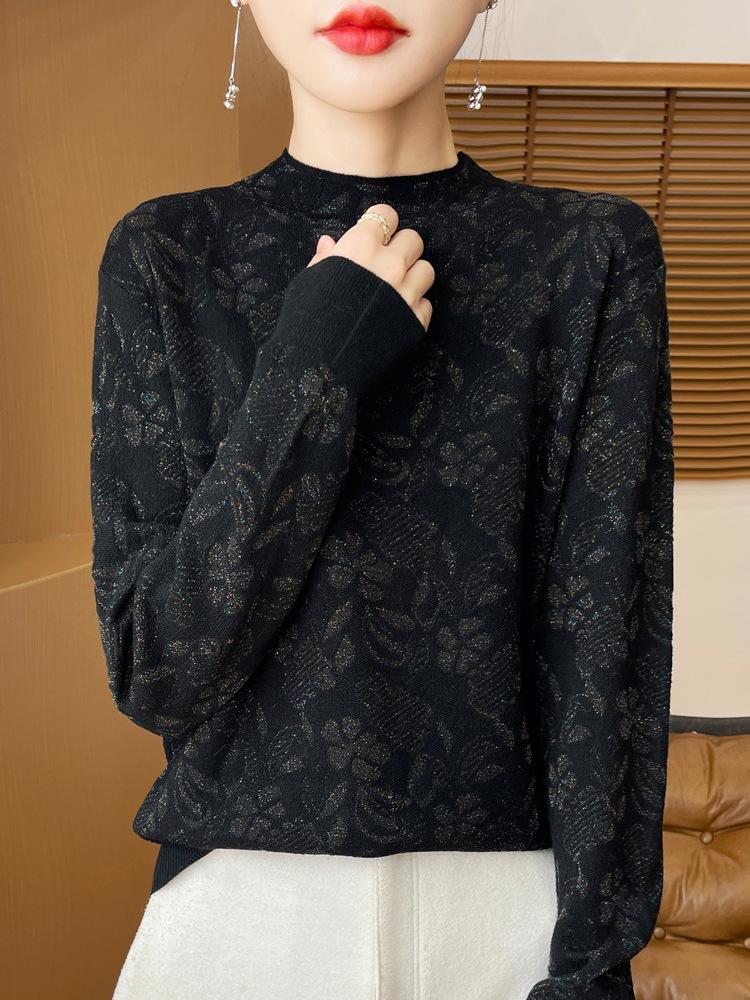 Dark Floral Half-High Collar Sweater for Women - Autumn/Winter Knitwear, Versatile Stylish Base Layer Top
