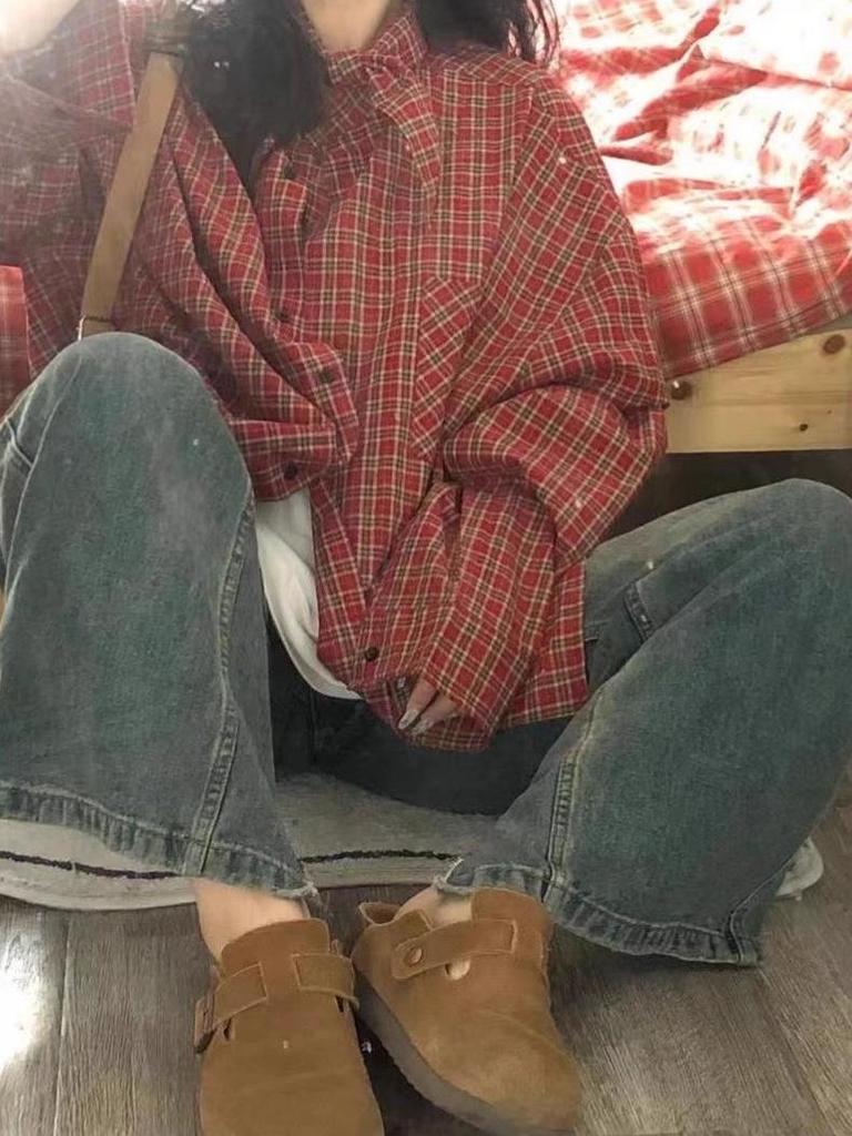 Women's Retro Red Plaid Loose Long-Sleeve Shirt - Spring/Autumn Stylish Top