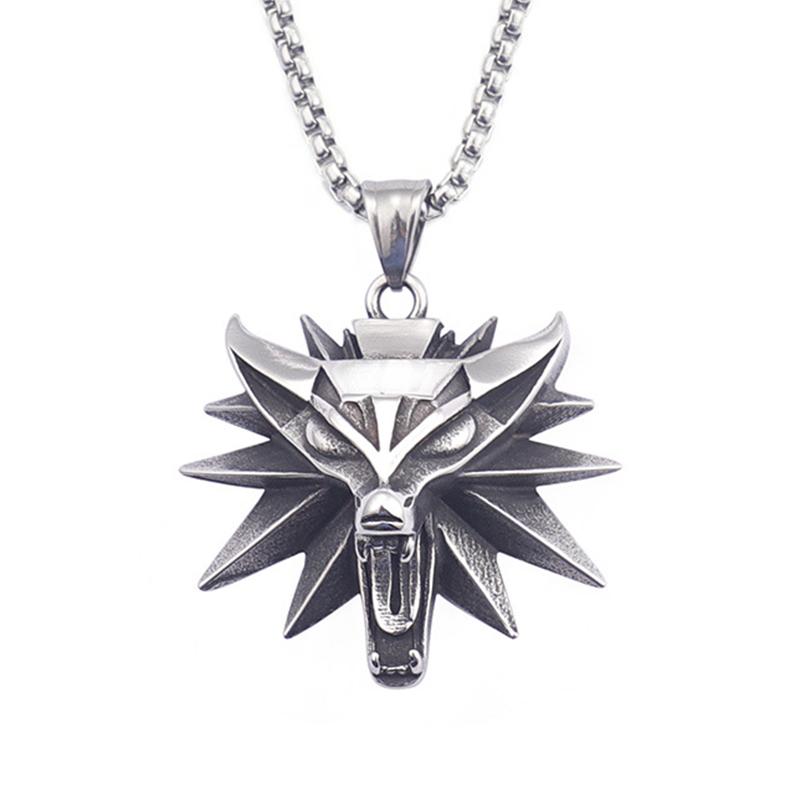 Stainless Steel Wizard 3 Wolf Head Pendant Retro Style Geralt of Rivia Men's Necklace Popular Medieval Witcher Jewelry