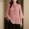 Women Casual Round Neck Solid Color 3/4 Sleeve Loose Blouse