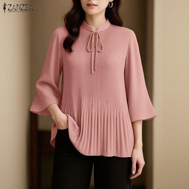 ZANZEA Women Casual Round Neck Solid Color 3/4 Sleeve Loose Blouse