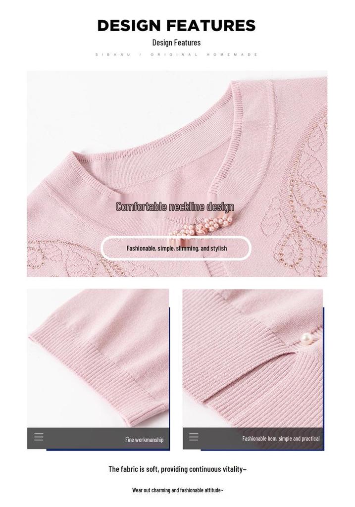 Mom's Summer Chinese Knitted T-shirt: Short Sleeve Ice Silk Top & Two-Piece Set for Middle-Aged Women