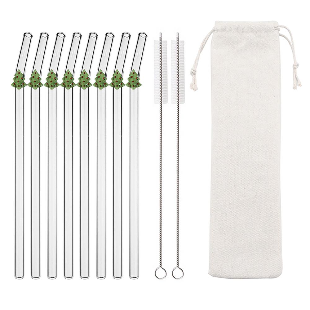 Christmas Tree Glass Straws Reusable Clear Straws for Smoothies Cocktails Drinking Eco Friendly Bar Tools Drinkware Straws