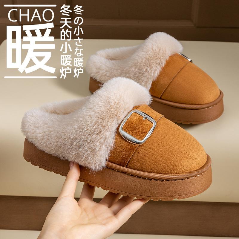 Winter New Thick-soled Cotton Slippers Indoor Home Retro Belt Buckle Velvet Warm Outer Wear Fluffy Slippers