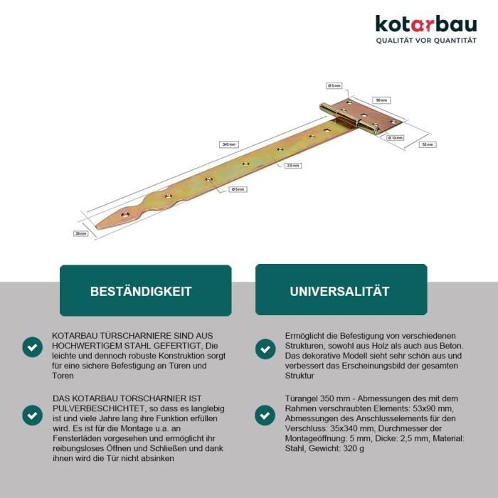 Charnière de porte en T - KOTARBAU - Acier - 350 mm - Revêtement en Zinc - Résistante à l'humidité