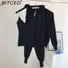 BITCED Women's Vest Knitted Jacket + Small Leg Elastic Pants Three-piece Set