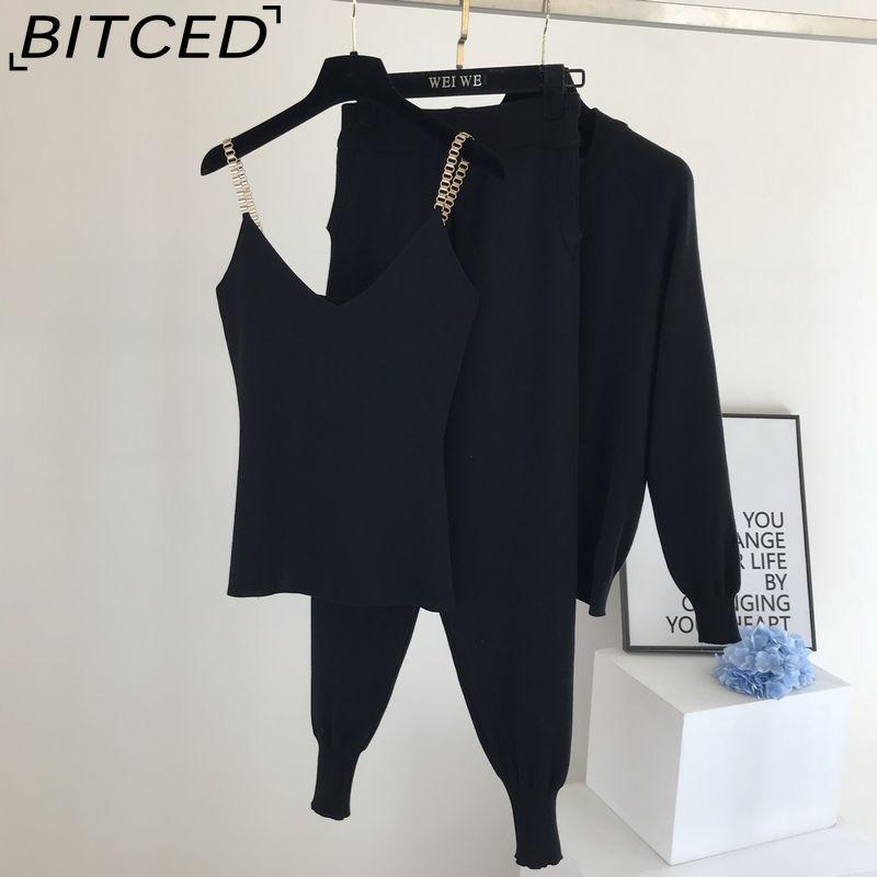 BITCED Women's Vest Knitted Jacket + Small Leg Elastic Pants Three-piece Set