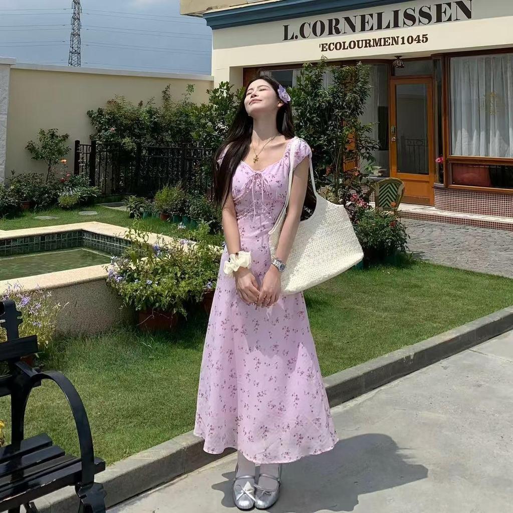 Elegant Floral V-Neck Puff Sleeve Dress for Women - Summer Japanese & Korean Style, Cinched Waist, Slim-Fitting A-Line Long Skirt