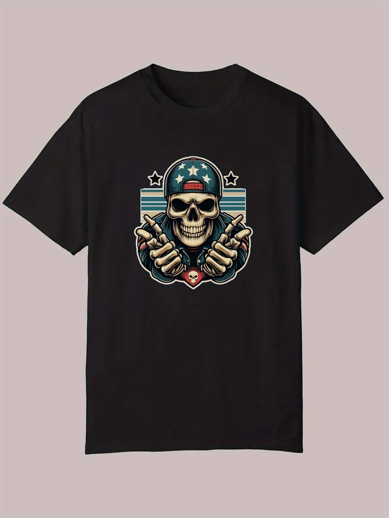 Patriotic Skull Graphic T-shirt - Black Casual Summer Tee with American Flag Design S