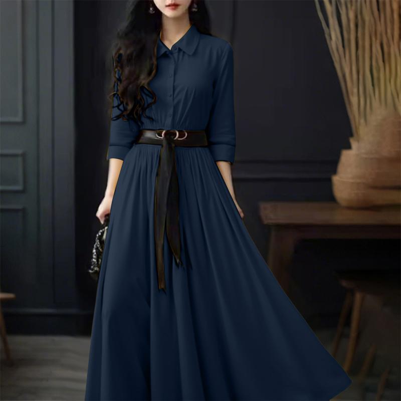 

ZANZEA Женское повседневное платье с отложным воротником и длинными рукавами XL темно-синий