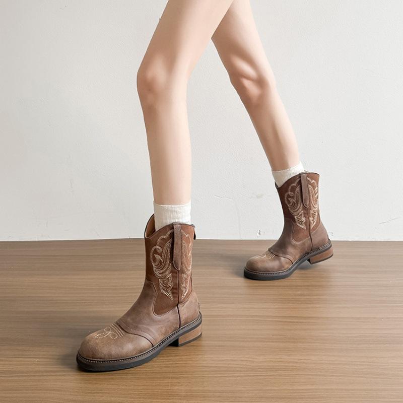 Sheepskin Version~ British Style Short Boots Women's Shoes Brown Retro Embroidered Western Cowboy Boots Thin Boots Martin Boots Women's Tide
