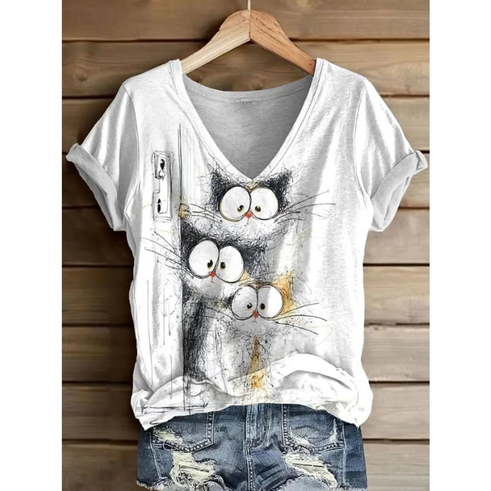 Women Summer T Shirt Animal Pattern Print Short Sleeve Tees Casual Printed Tops XS белый