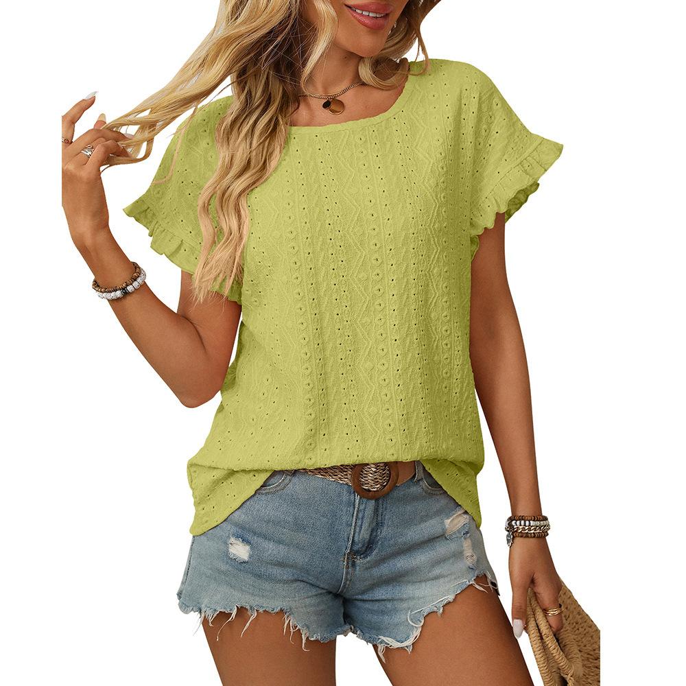 Women Solid Crew Neck Short Sleeve T‑Shirt Hollow Out Petal Sleeve Loose Casual Blouse For Spring Summer Daily Wear