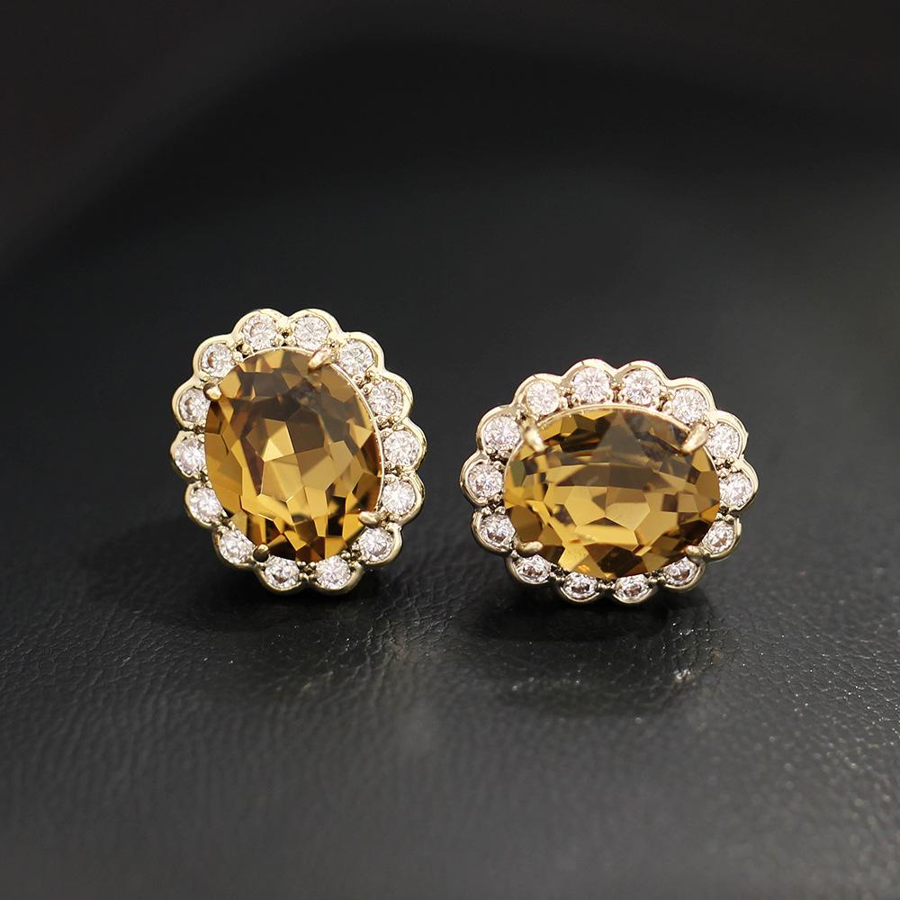 

Classic retro versatile three-color crystal oval stud earrings, elegant temperament 925 silver needle stud earrings, women s accessories