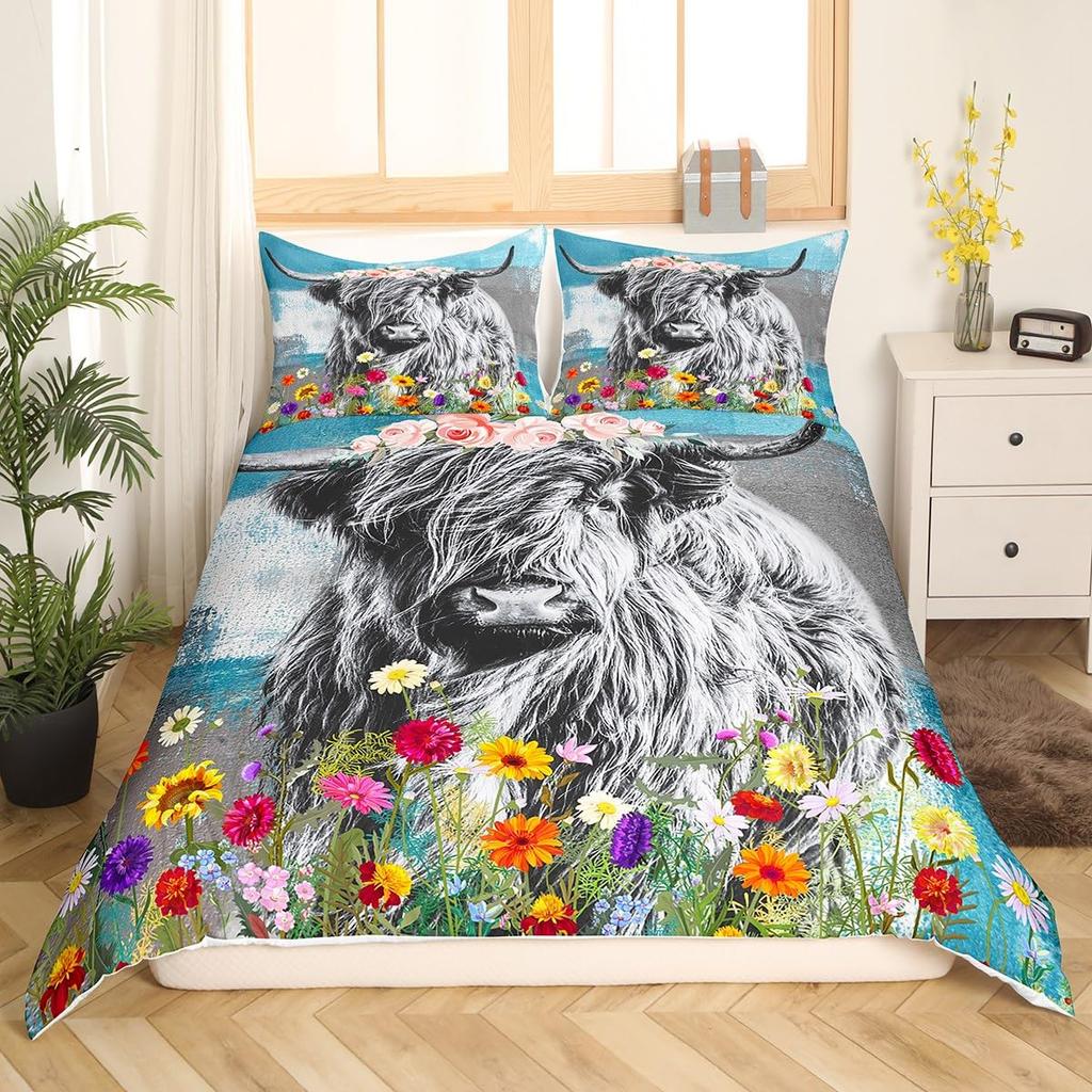 Bull Skull Bedding Set Boho Mandala Duvet Cover for Children Teens Bohemian Feather Print Comforter Cover Animal Skull Pattern
