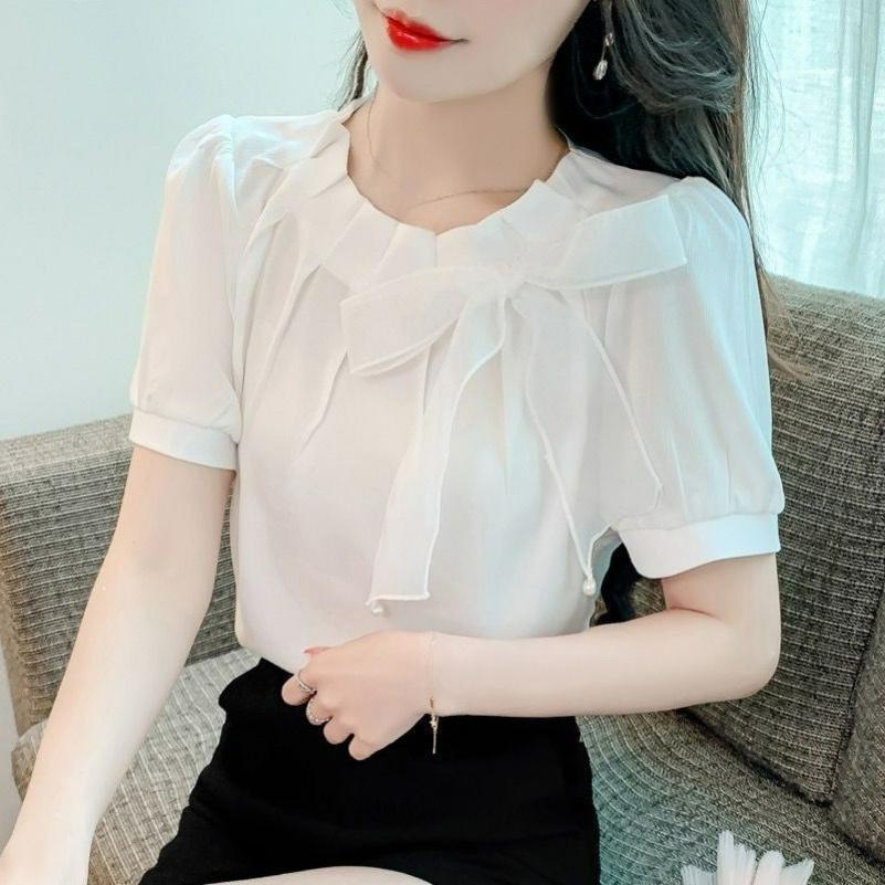 Gentle Wind Pink Bow Chiffon Shirt Women's Spring and Summer All-match Puff Sleeve Temperament Blouse Small Shirt