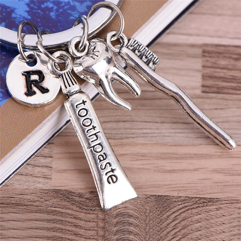 Dentist Key Ring Toothpaste Tooth Toothbrush Dental Hygienist Initial Key Chain