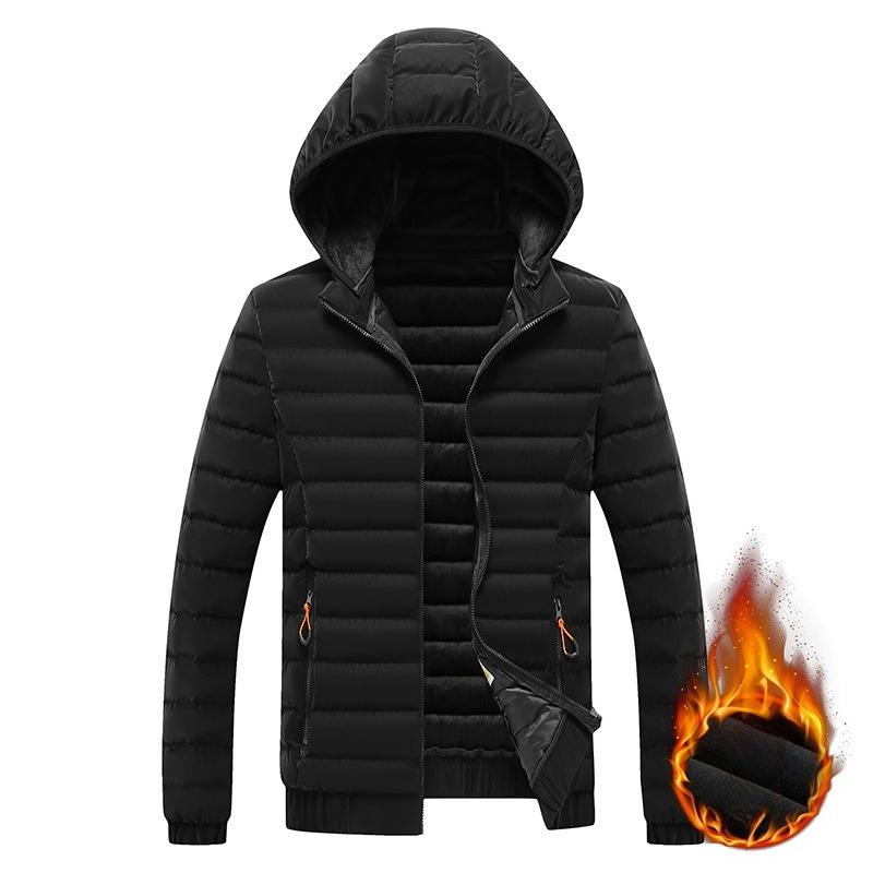 Lightweight Ribs and Cotton Jacket for Men's Winter Simple Solid Color Removable Hat Thickened Hooded Jacket