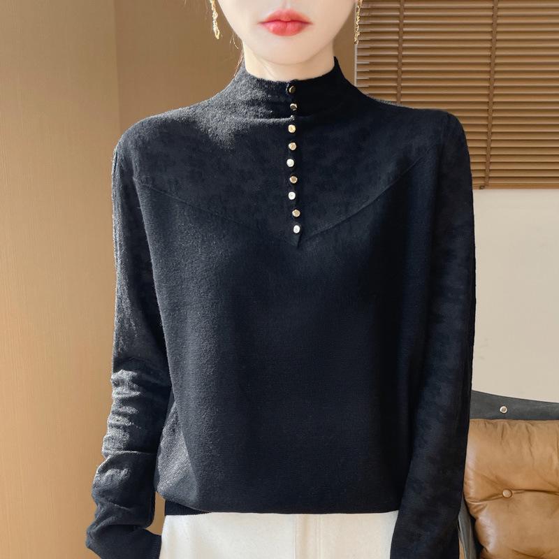 

Женский облегающий вязаный свитер с высоким воротником, кружевом и цветочным узором для осени/зимы 2025 2XL for 130—160 jin чёрный