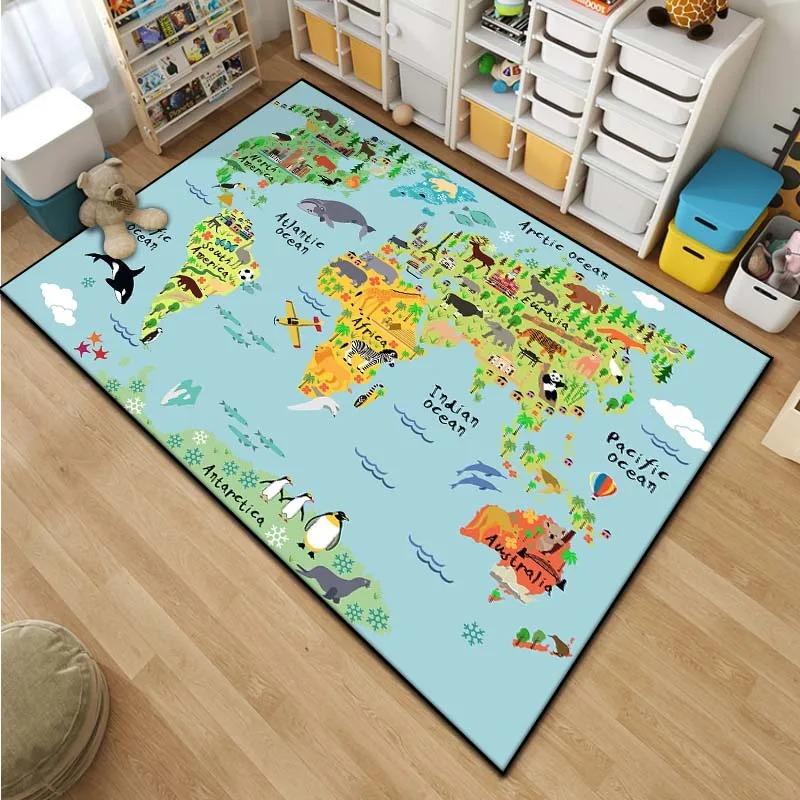 Cartoon Children's World Map Pattern Living Room Bedroom Carpet Bedside Bathroom Floor Mat 15 Sizes Area Rug Kid's Room Play Mat