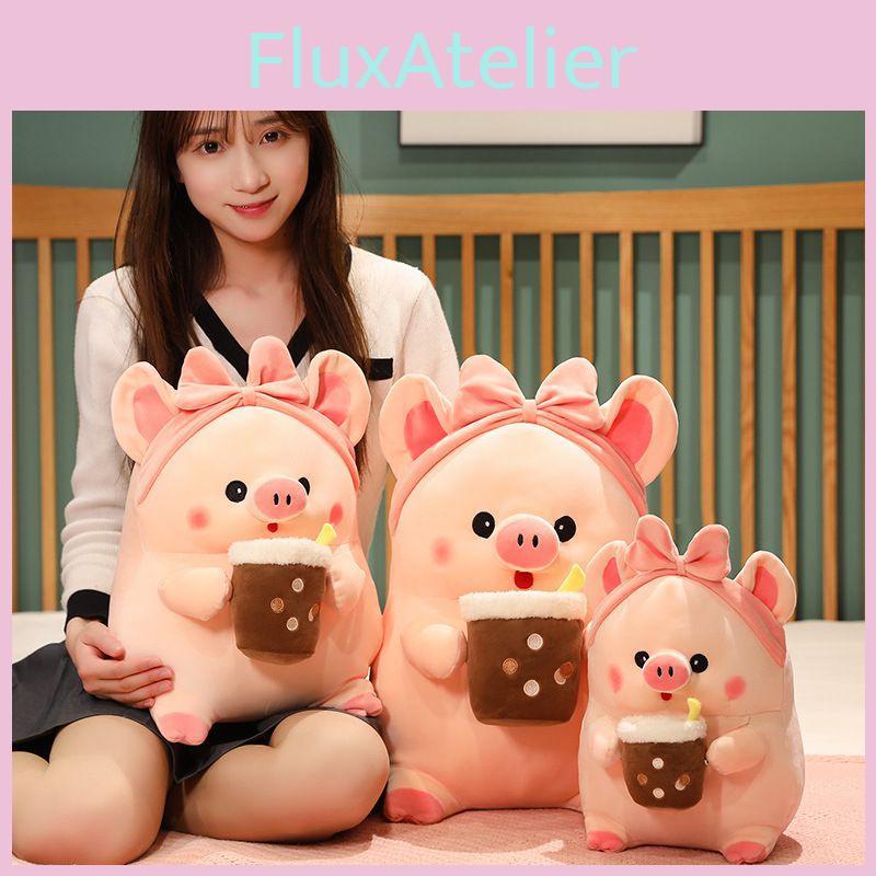Adorable Milk Tea Pig Pink Pig Plush Toy With Bow Headband