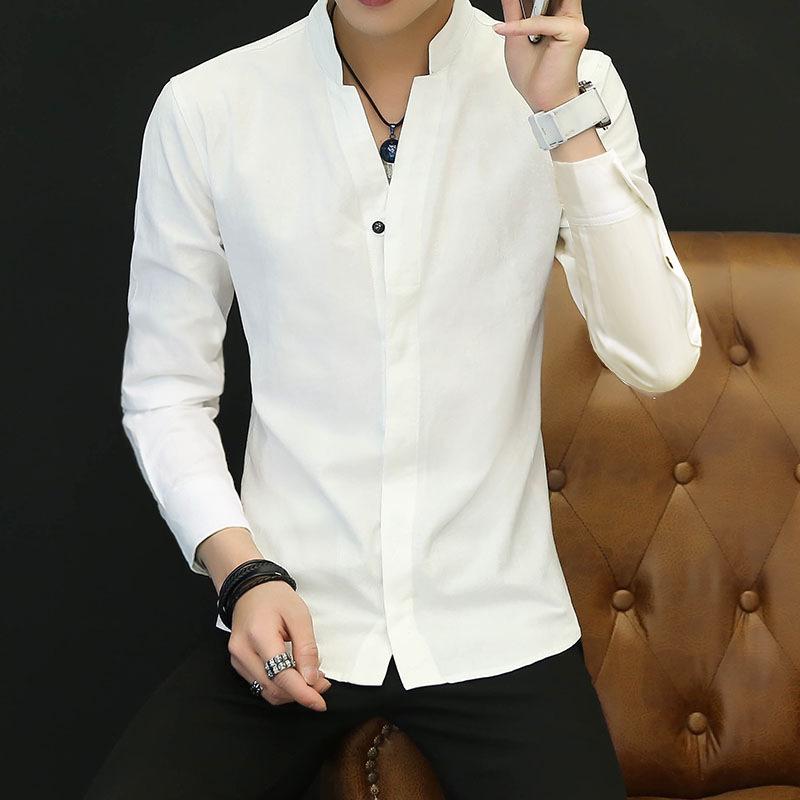 

Мужская приталенная рубашка с ретро-стойкой и длинным рукавом для весны и осени M белый