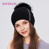 SOMALER Women Winter Fur Pom Pom Hat Wool Knit Beanie Hat With Rhinestone Warm Double Layer Luxury Fur Bobble Outdoor Cap